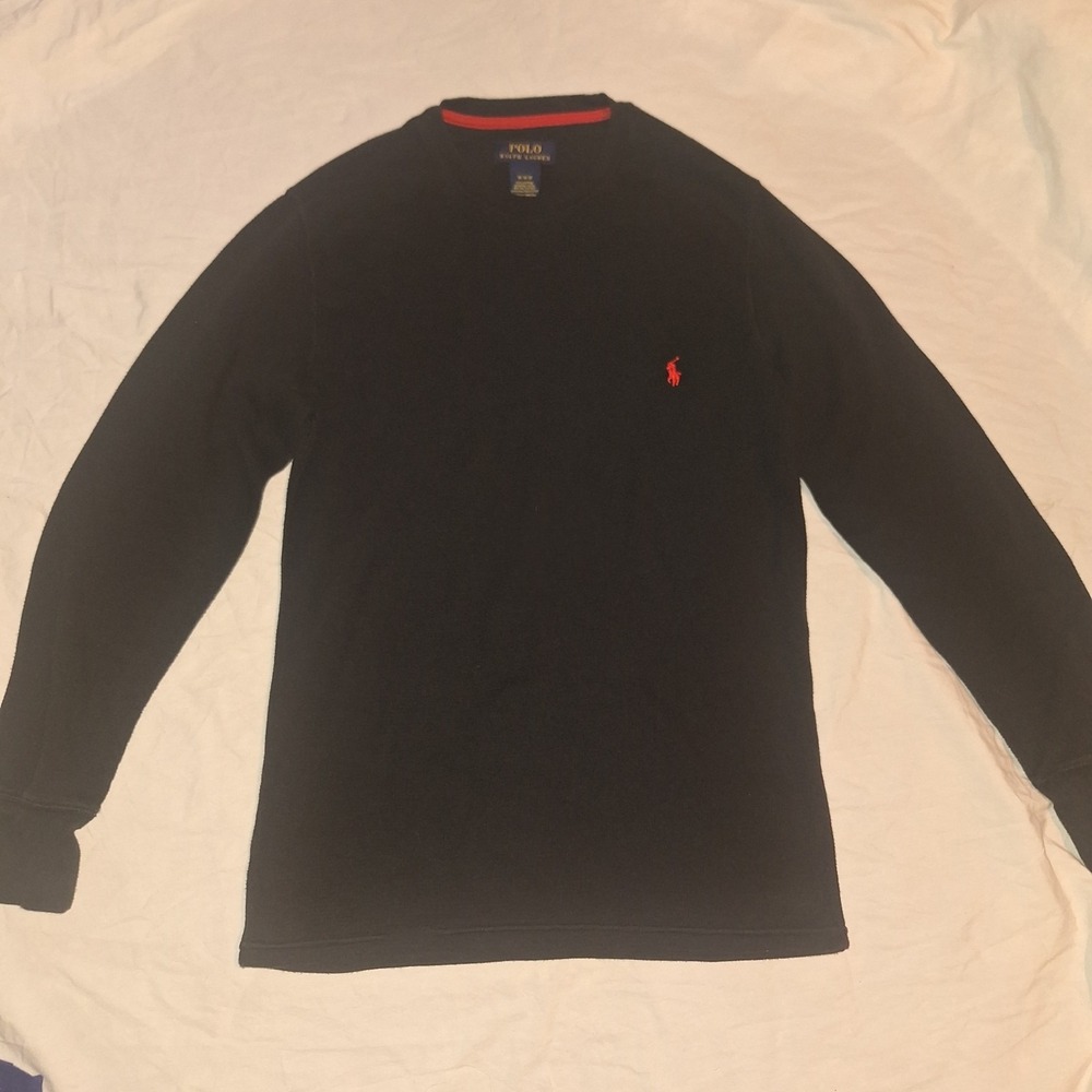 Polo Ralph Lauren Men's Black Waffle Knit Thermal Long Sleeve Shirt Red Pony L